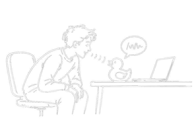 Line drawing of a developer explaining a problem to a rubber duck that answers back with a waveform