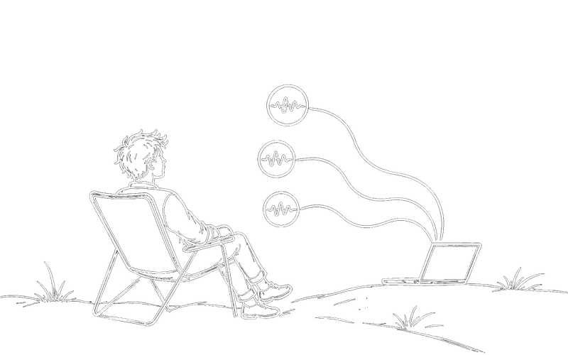 Line drawing of one person and three laptops, each with its own speech bubble, only one currently speaking