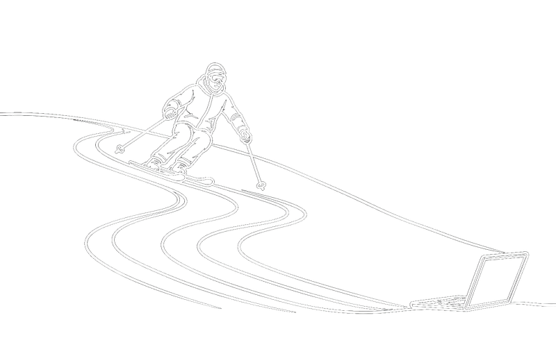 Line drawing of a skier carving down a slope where plodding footprints become smooth ski tracks, a laptop waiting at the bottom