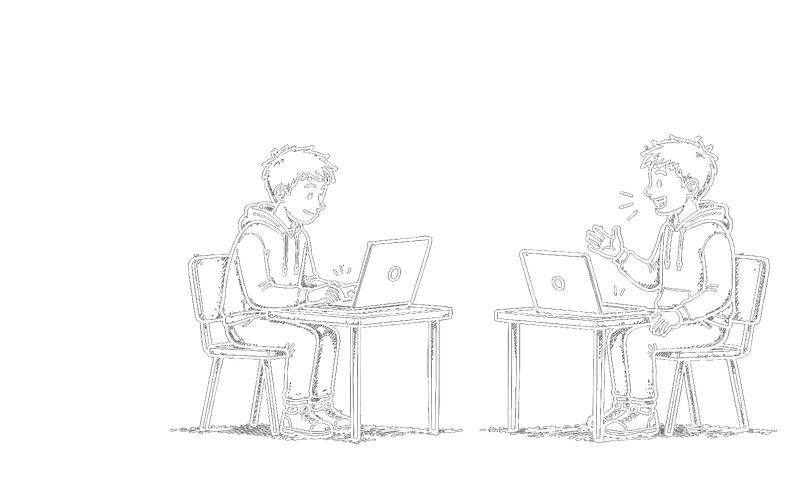 Line drawing of one figure trudging uphill with a tangled thought bubble while another skis down carrying a laptop, grinning